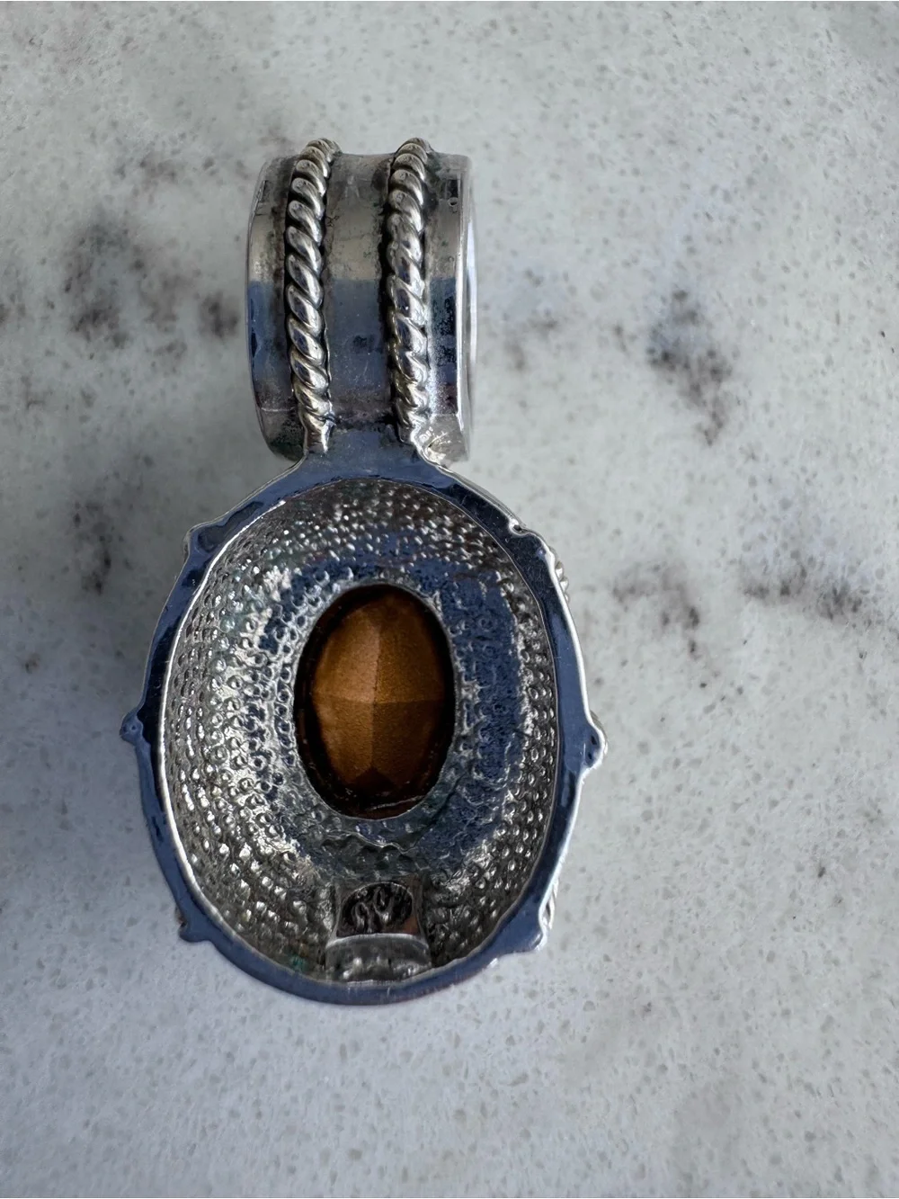 Vintage! Large Silver-Tone Pendant with Faceted Green Crystal and Cable Braids